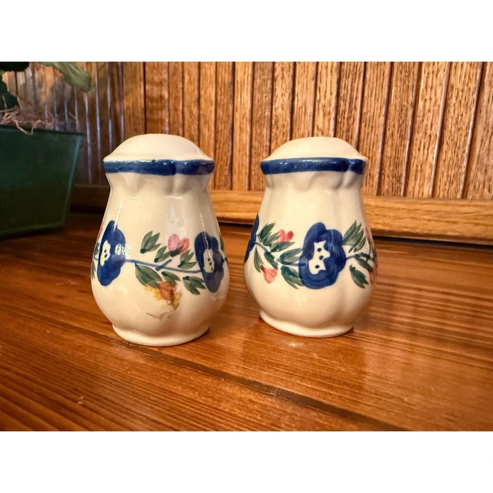 Vintage Blue Floral Salt & Pepper Shakers Hand Painted Ceramic Japan Style